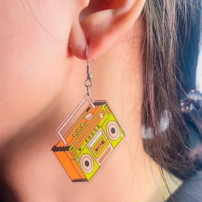 Dreuyet 4 Pairs 70s 80s 90s Earrings Retro Cassette Tape Acrylic Earring for Women Colorful Geometric Neon Radio Drop Dangle Earring for 80's Outfit Glow Party Halloween Accessories Jewelry image 5