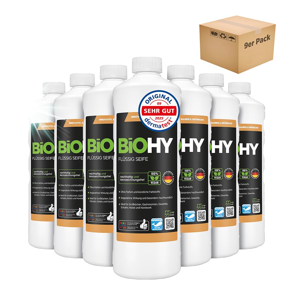 BiOHY Mydło w płynie (9 x butelka 1l) | Bezwonne, przyjazne dla skóry i nawilżające mydło do rąk | BRAK fosforanu | Bez substancji zapachowych i barwników | Higiena antybakteryjna (Flüssig Seife)