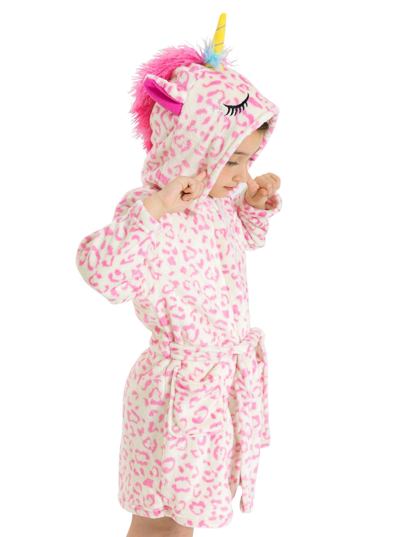 Girls Robe Kids Hooded Bathrobe Unicorn Rainbow Star Leopard Toddler Bath Robe Warm Fuzzy Bathrobes Age 3-12