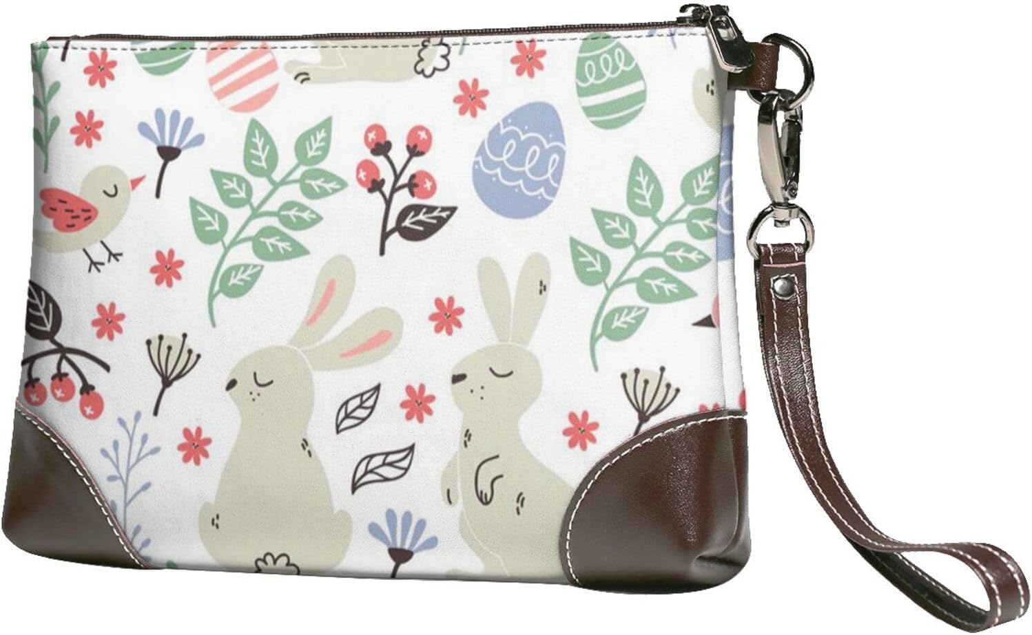 FLYIFE Ladies Black Leather Zipper Clutch Bag with Hand Strap Floral