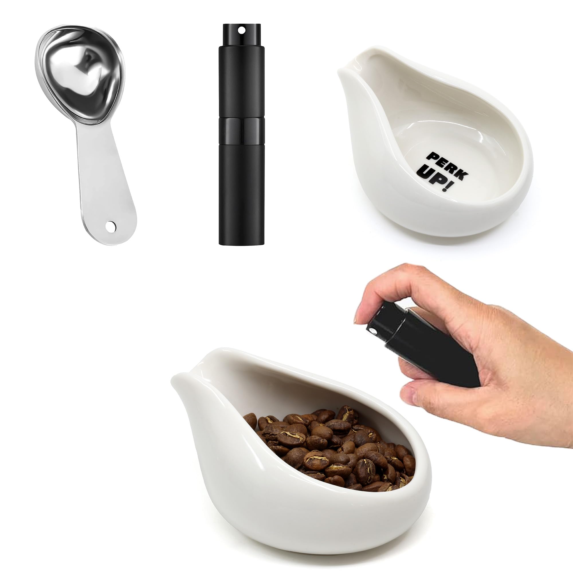 Set of 3 Coffee Dosing: Ceramic Coffee Dosing Cup, RDT Spray Bottle Coffee, Measuring Cup Hold Up to 30g Coffee, Ceramic Single Dosing Tray For Coffee (White)