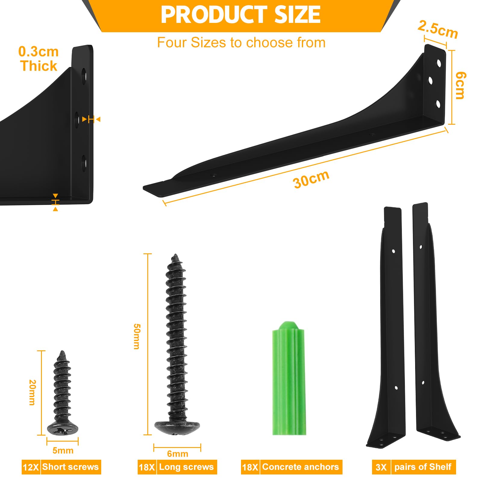 Mordx 6pcs Heavy Duty Metal Shelf Brackets - 90 Wall Mount, Floating (Black, 30CM) - Image 4