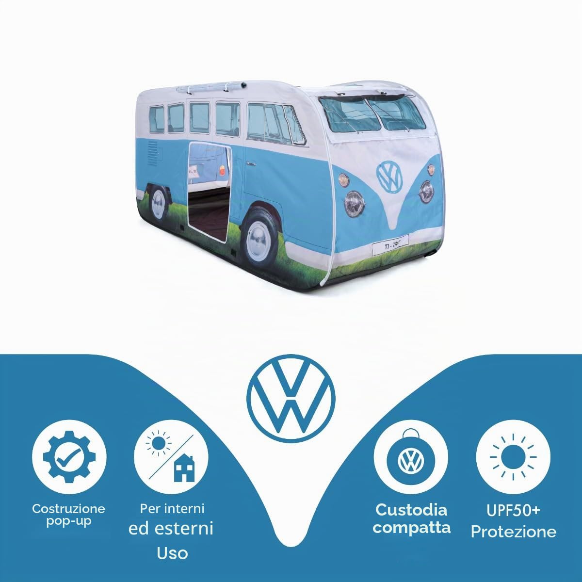 BRISA VW Collection - T1 Bus Pulmino Tenda Gioco Pop-Up per Bambini | Volkswagen Casetta Gioco Pieghevole, Impermeabile, pali robusti in fibra di vetro e borsa per il trasporto, Blu