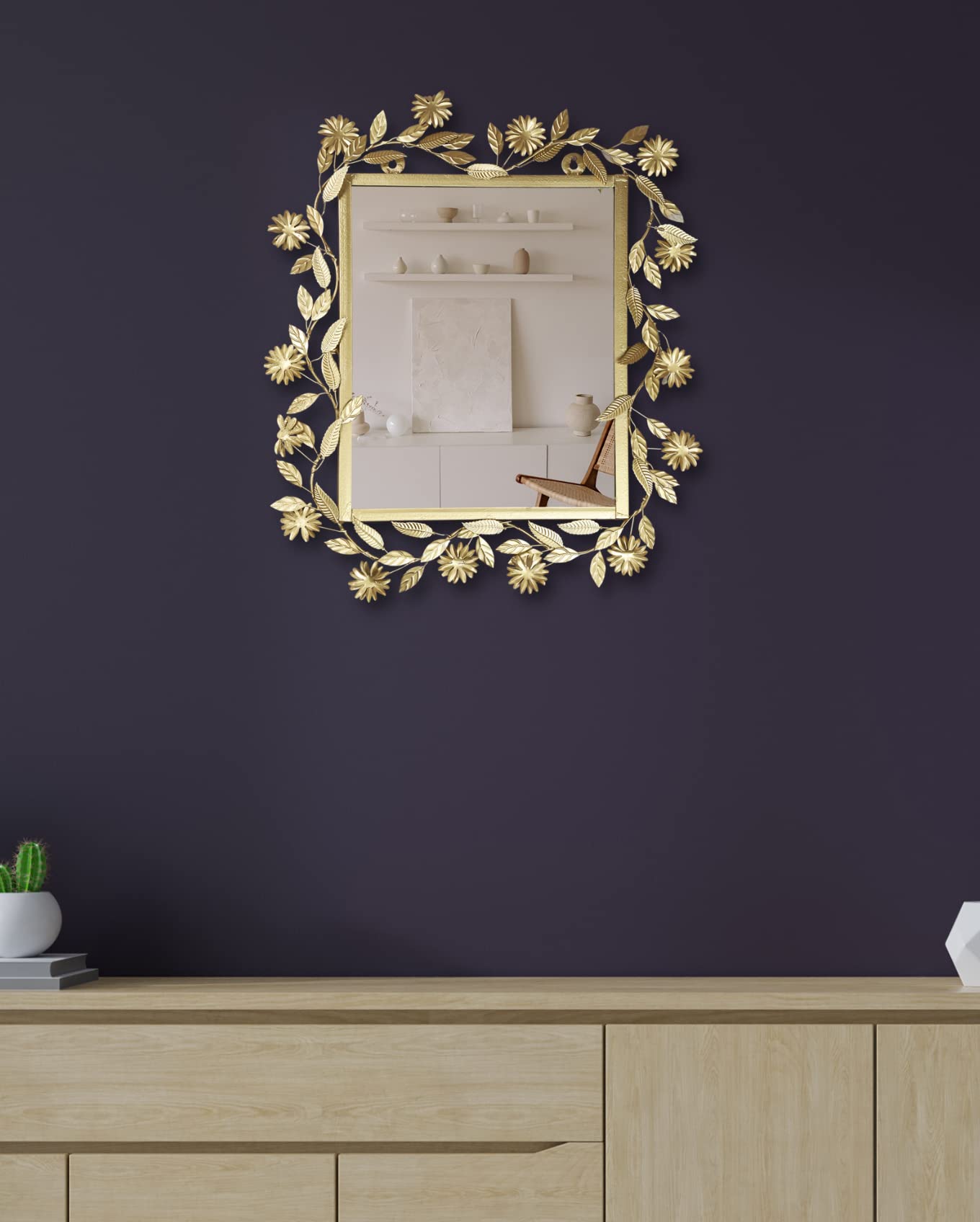 Spaziomaker Alloy iron Beautiful Leaf rectangular Wall Mirror for home decor | living room (MIR_102)