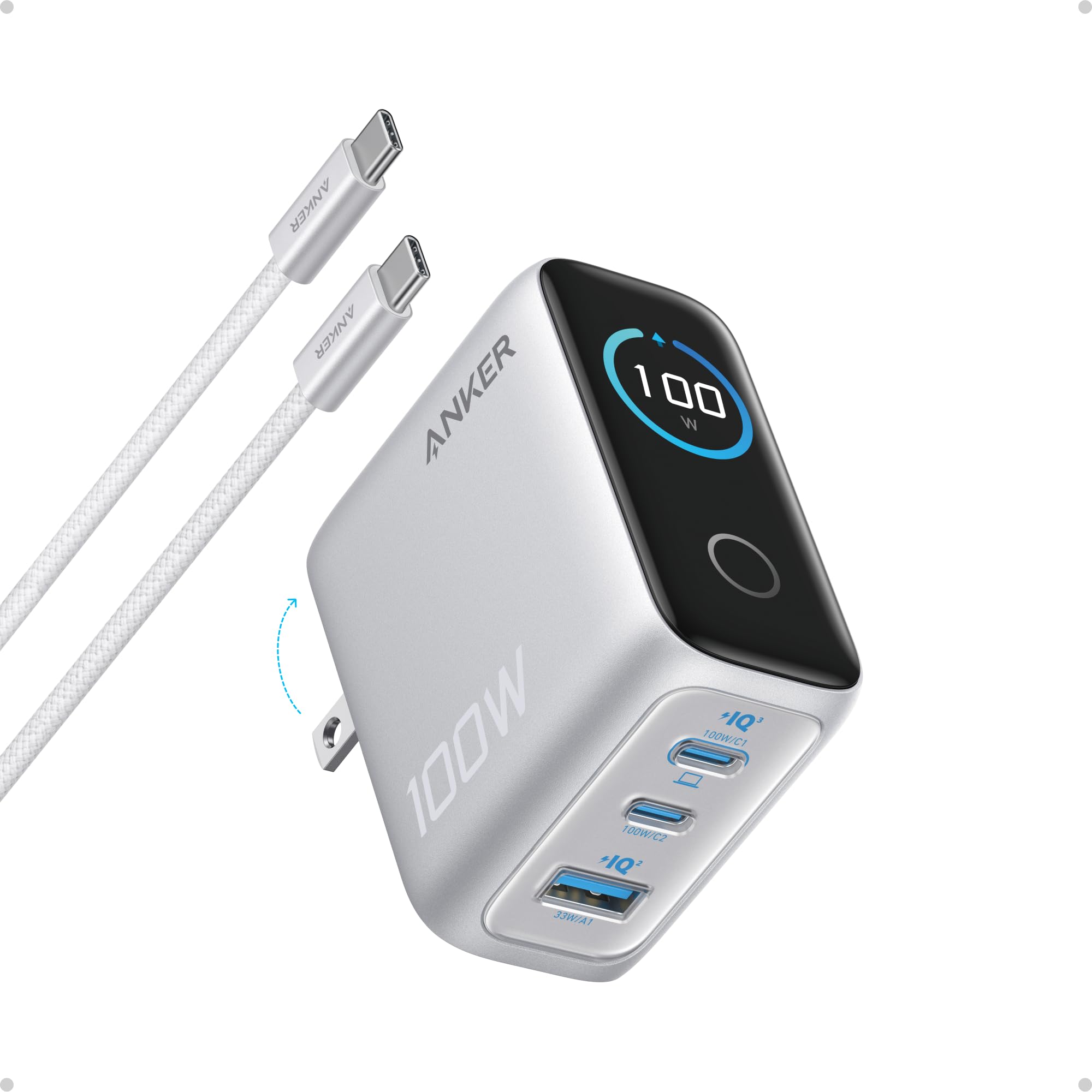 Anker Charger, 100W Max Ultra-Compact 3-Port GaN USB C Charger Block with Smart Display and Touch Control, Fast Wall Adapter for iPhone 17/16 Series, iPad, MacBook (Include Charge Cable, Non-Battery) Silver