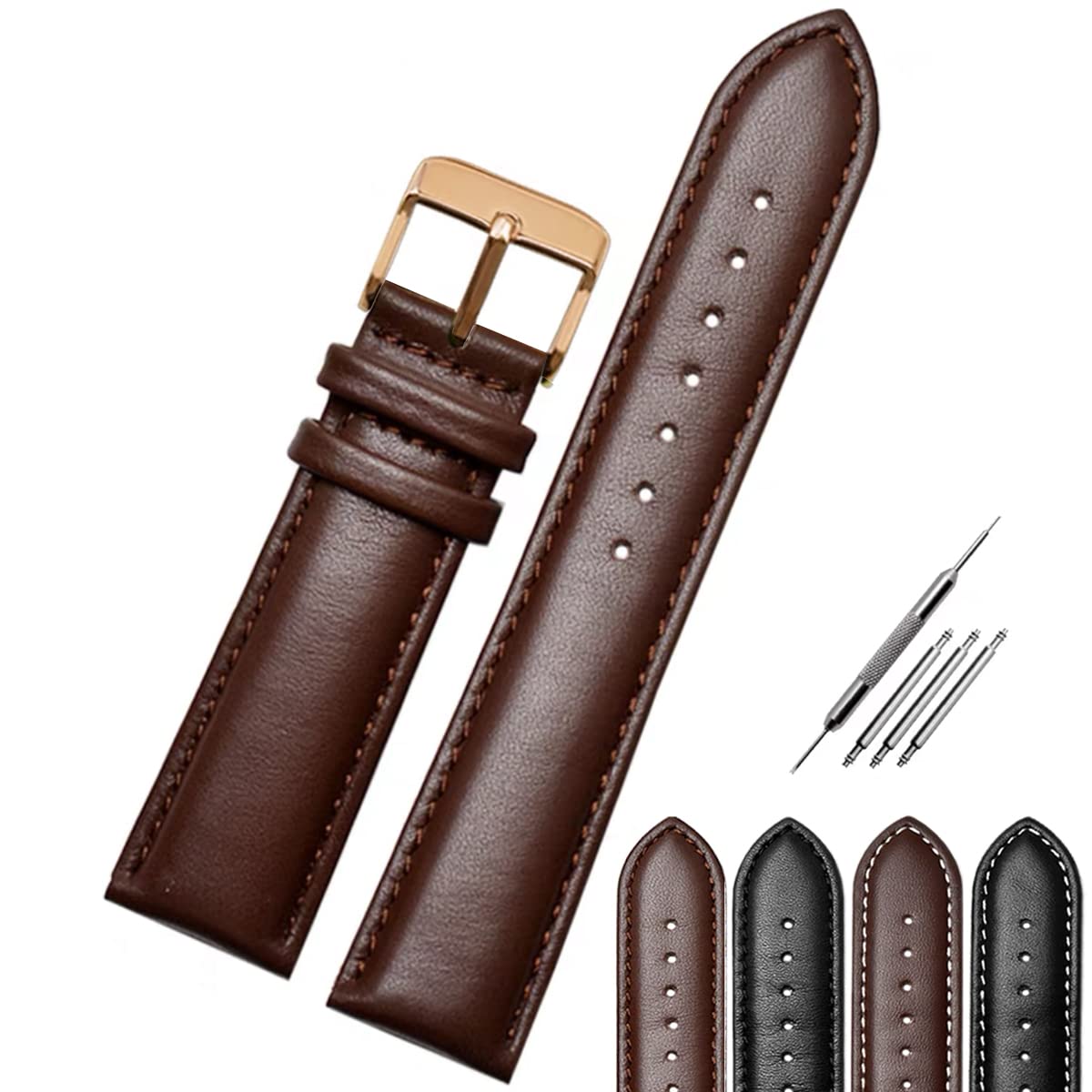 Strapseeker Jaxon Top Grain Padded Leather Rose Gold Pin Buckle Watch Strap Premium Watch Band Replacement for Men & Women Watchband with Stitches Brown Black Color Compatible Most Watches Choose