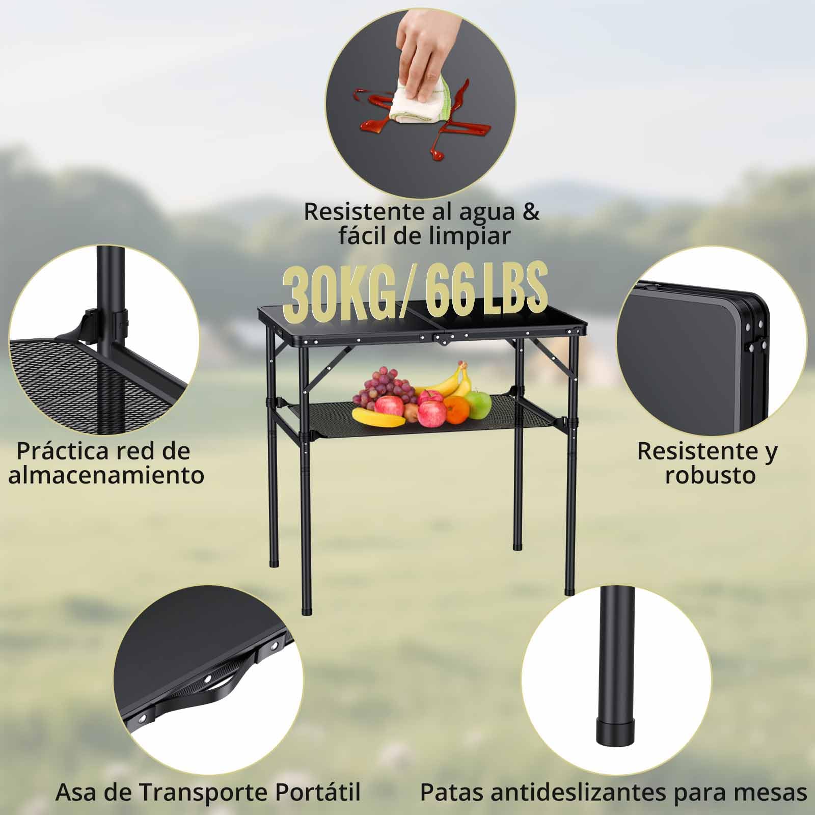 Anbte Mesa Camping Plegable 90x60x37.5/74.7cm Mesa de Acampada Portátil Aluminio Impermeable Resistente a La Oxidación para Balcón/Picnic/Playa/Barbacoa-Negro