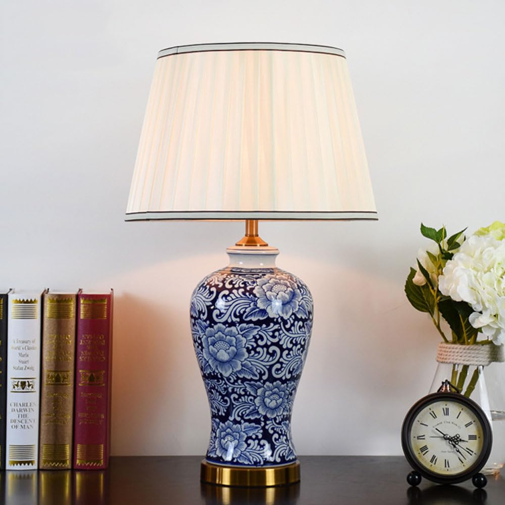 SGKOMN 25.6" Ceramic Table Lamp Coastal Traditional Desk Nightstand Lamp Blue And White Porcelain Bedside Lamp For Bedroom Living Room Office College Bookcase, Blue/White