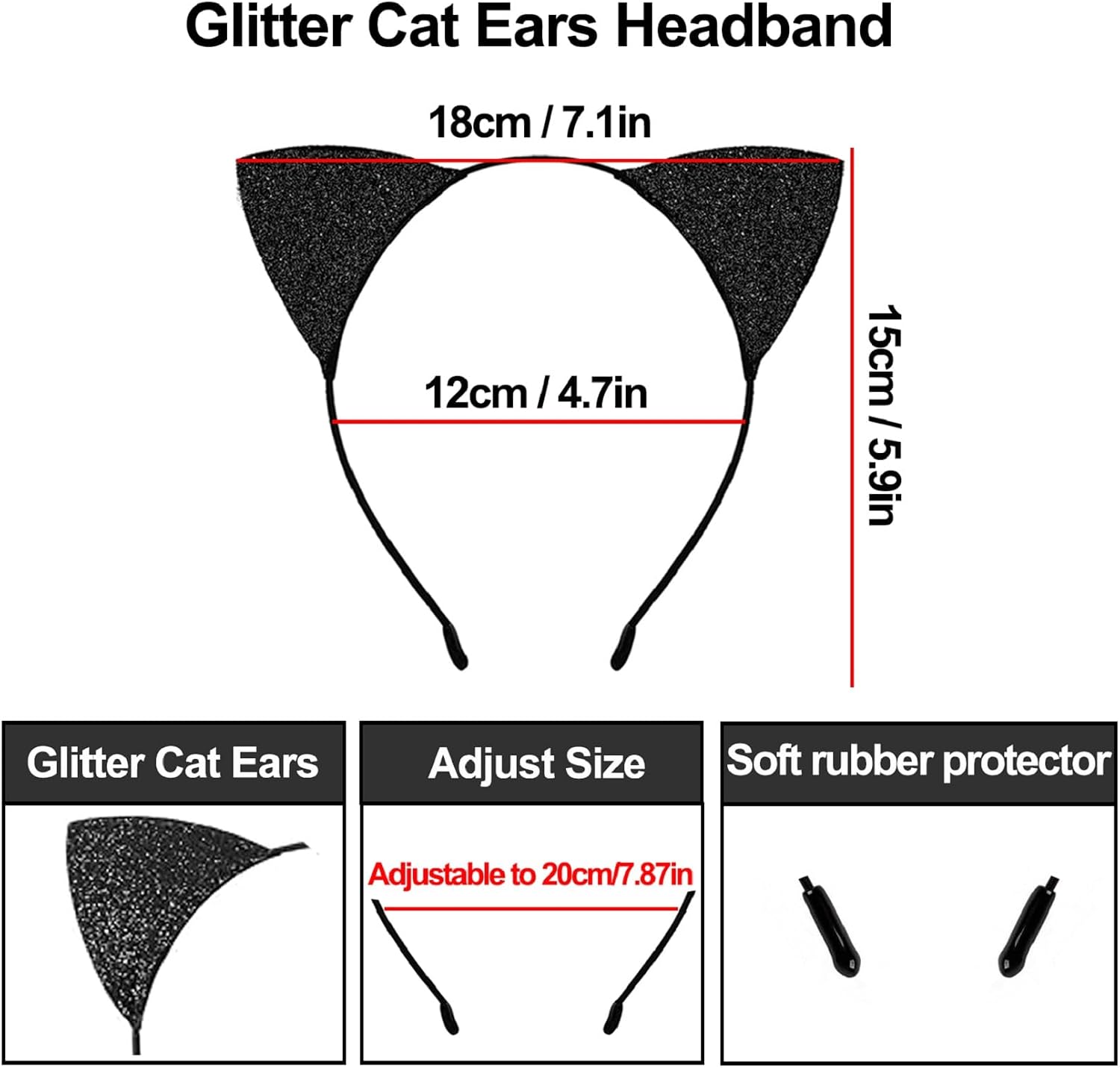 2PCS Glitter Black Cat Ears Headband for Women Halloween Cosplay Party