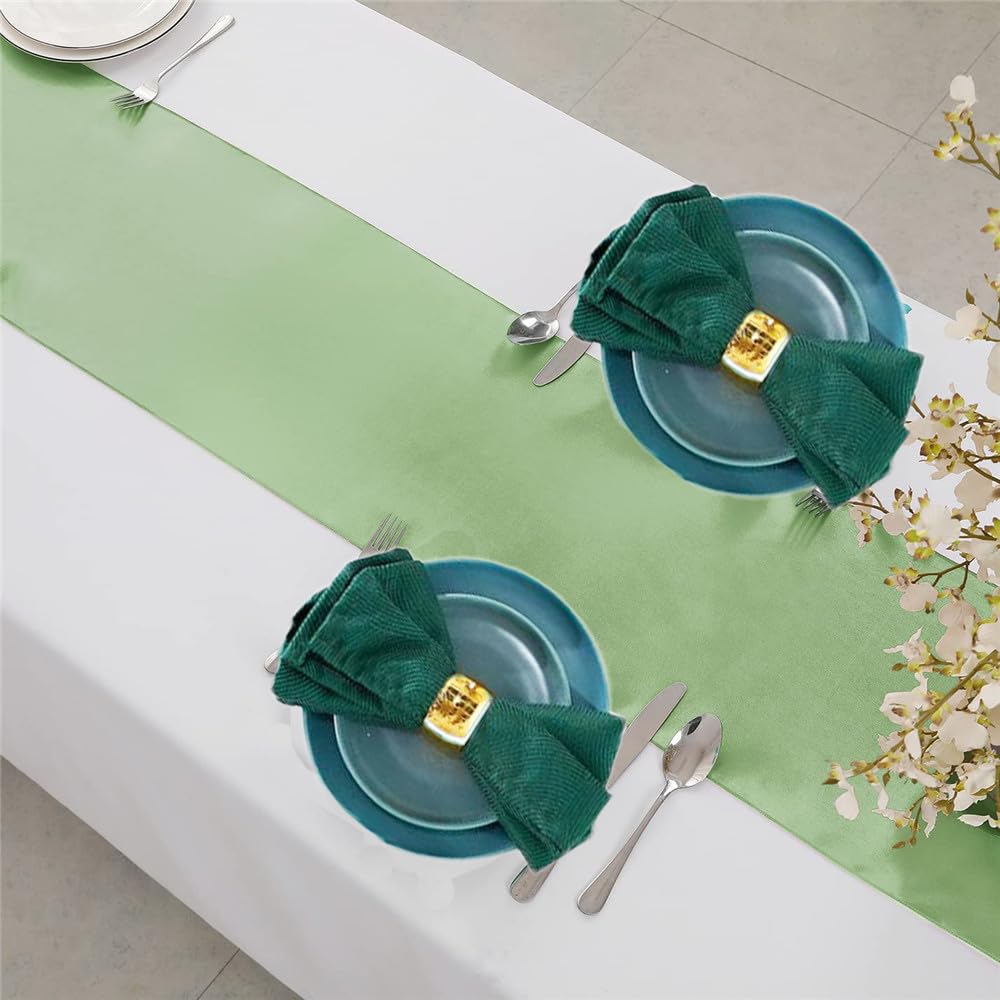JoliJour Camino de Mesa Saten,Paquete de 20 Caminos de Mesa de Satén Liso de 30*275CM,Rectángulo y Decoraciones de Mesa Redonda para Bodas,Decoraciones para Fiestas de Cumpleaño,Banquete,Verde