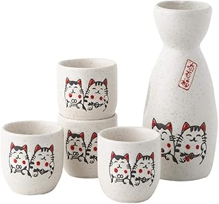 Mozacona Ceramic Lucky Cat Japanese Sake Set,1 Tokkuri Bottle and 4 Ochoko Cups