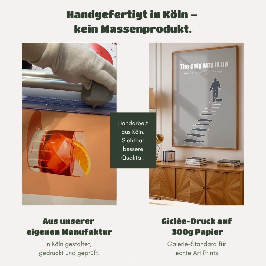 MJ-GRAPHICS® Motivierend Poster Aufstieg Wandbild minimalistisch Stil Grau modern Wohnzimmer DekoInspirierend Kunstdruck Treppe Büro Wanddeko zielstrebig Bilder A2 mit beigem Rahmen