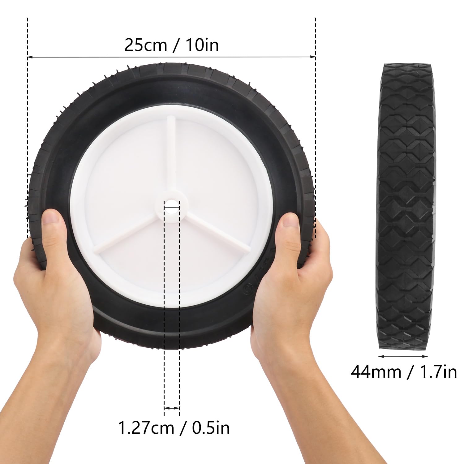 4 ruedas de plástico, ruedas de cortacésped de 10 x 1.75 pulgadas, neumáticos universales, ideales para piezas de triciclo de radio y reemplazo de rueda de vagón, ruedas de cortacésped de