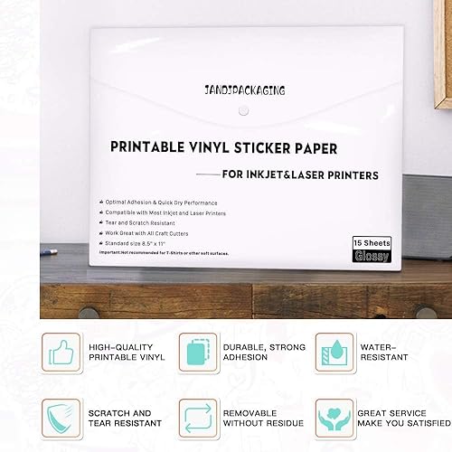 Vista 10 de Papel adhesivo de vinilo imprimible – Vinilo impermeable para impresora láser y inyección de tinta 15 hojas autoadhesivas – Blanco mate