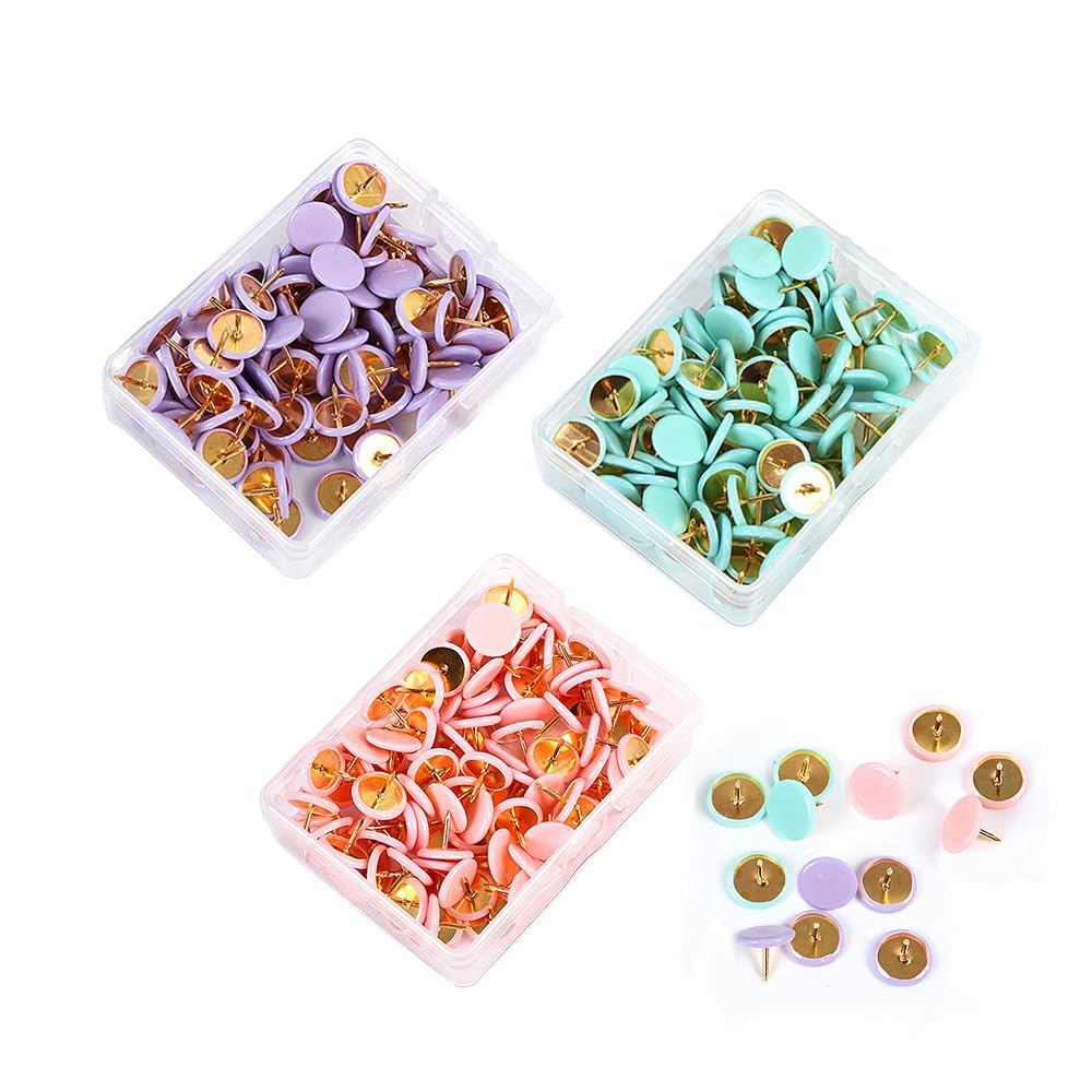 Macaron colored push pins 10mm, 300 drawing pins with storage boxes, map thumb tacks,cork board pins，suitable for home school offices, photo wall posters, soft wooden boards, 3 colors