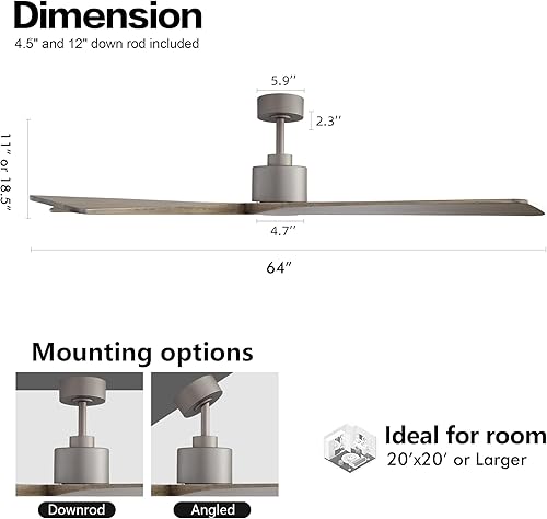 Miniatura 4 de WINGBO Ventilador de techo CC de 64 pulgadas sin luces, 5 cuchillas reversibles de madera maciza tallada, motor de CC silencioso de 6 velocidades,