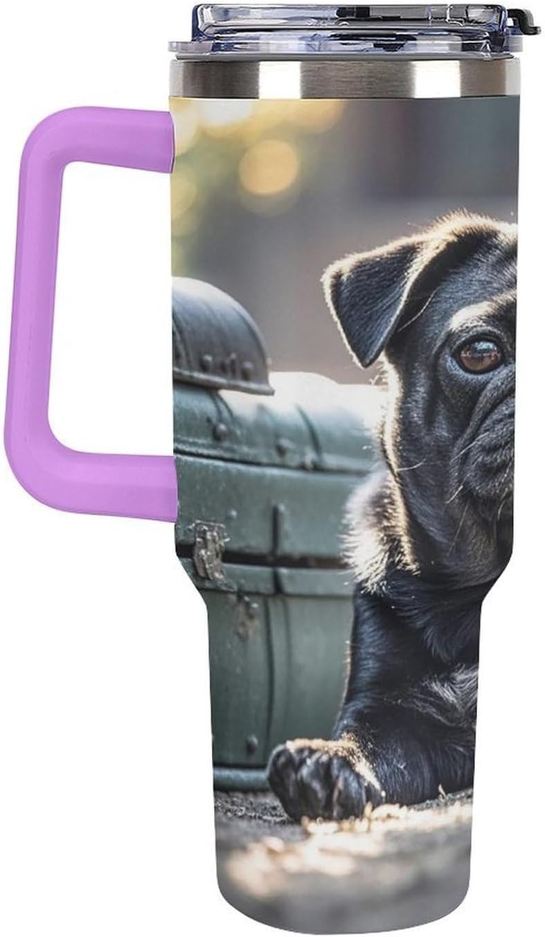 Cute Black Pug Dog Travel Coffee Mug Reusable Durable Stainless Steel Insulated Tumbler with Handle And Straw Leak Resistant Portable Thermal Cup Gifts for Men Women 40 Oz