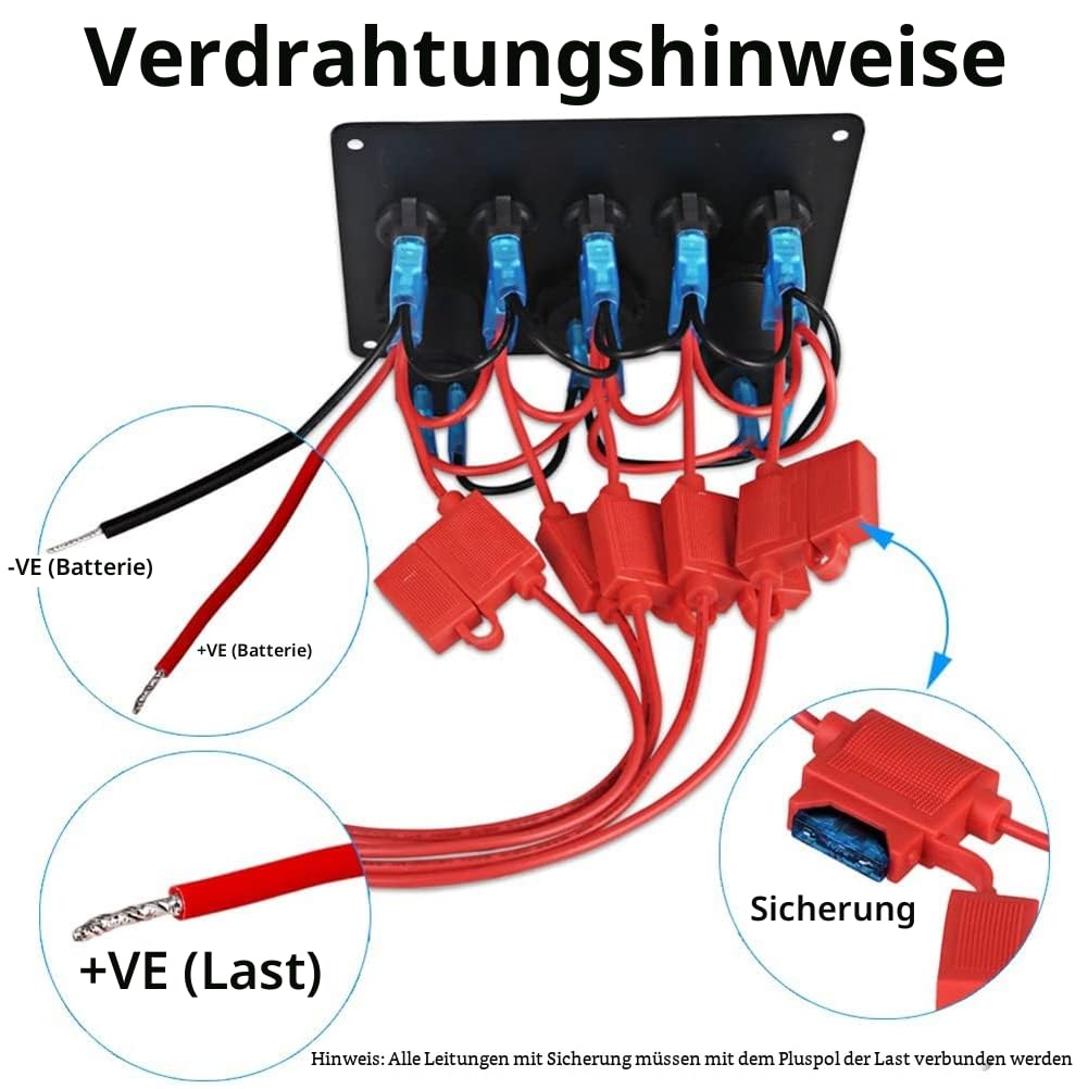 KAOLAI Schalter Panel 12V/24V 4.2A IP65 Wasserdicht Schalter Panel 12V Camper Dual-USB-Ladegerät LED Voltmeter Zigarettenanzünder 5 Kippschalter EIN/AUS für Boot Wohnmobil Fahrzeuge LKW