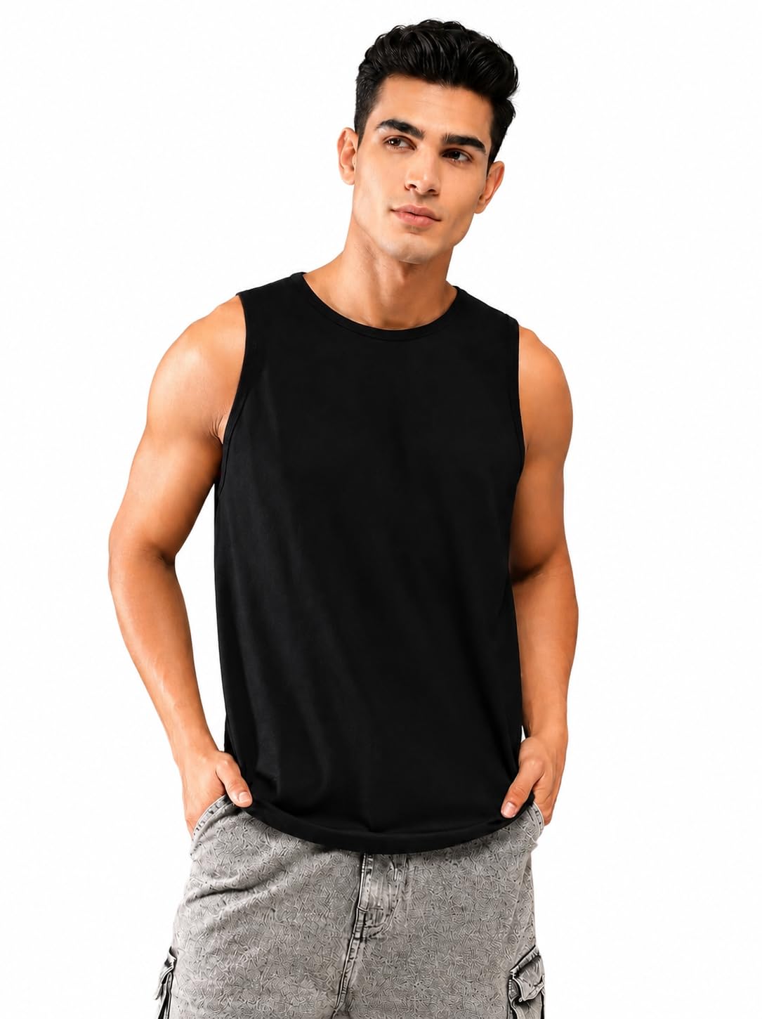 Sleeveless T-Shirt for Men Sando Tank Top Premium Cotton Blend Cut Sleeves Shirt as Casual, Lounge or Beach Wear Tshirt Muscle Fit Vest in Plain Round Neck-image-35