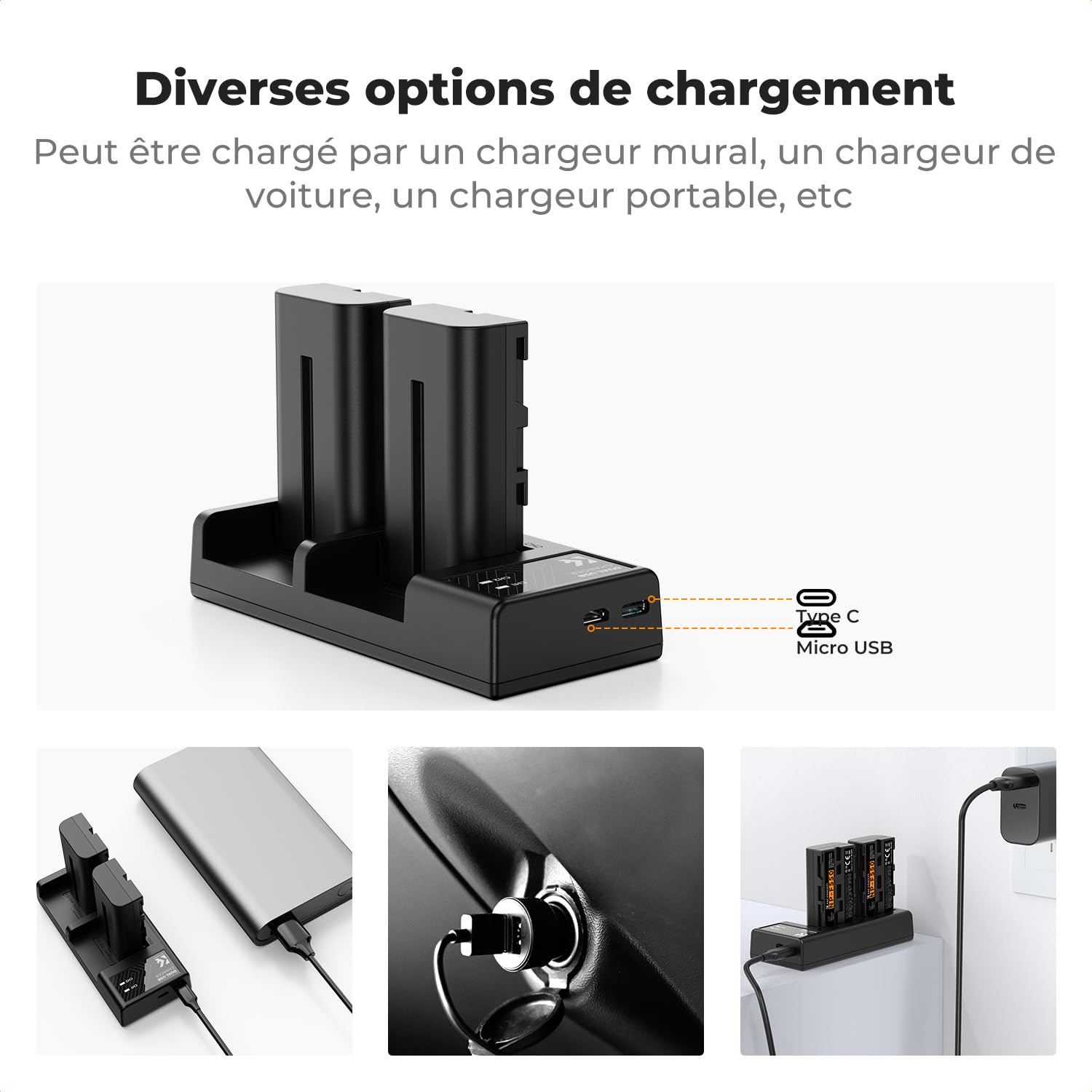 K&F CONCEPT NP-F550 Batterie LED Chargeur Kit 2600mAh Compatible avec Sony NP-F550 F570 F750 F770 F930 F950 F960 F970 pour Lampes LED/Moniteur/Curseur de Caméra