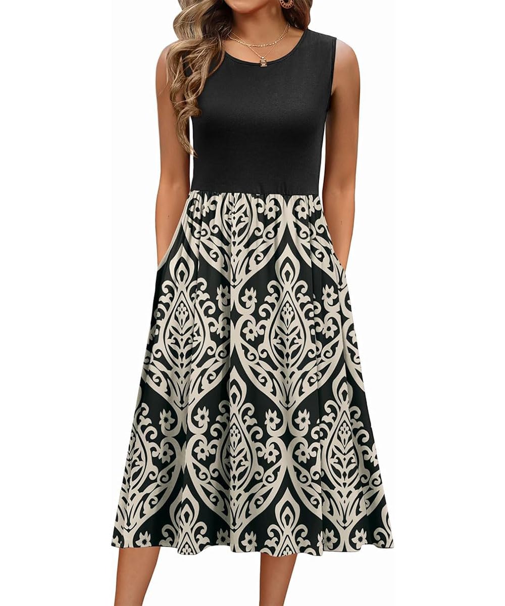 ABINGOO Damen Sommerkleid Ärmellos Midi Blumenmuster Leicht und Luftig Kleid Hohe Taille A-Linie Tankkleid Lang Strandkleid Freizeitkleider mit Taschen