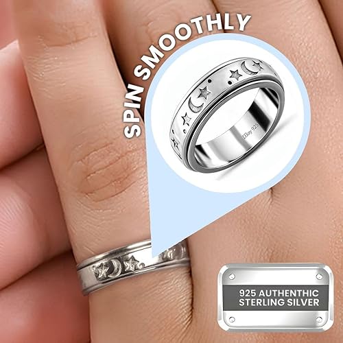 Miniatura 4 de Anxiety Rings for Women 925 Sterling Silver Fidget Ring Spinner Ring Women Moon Star Platinum Plated Jewelry Stress Anxiety Relieving Promise