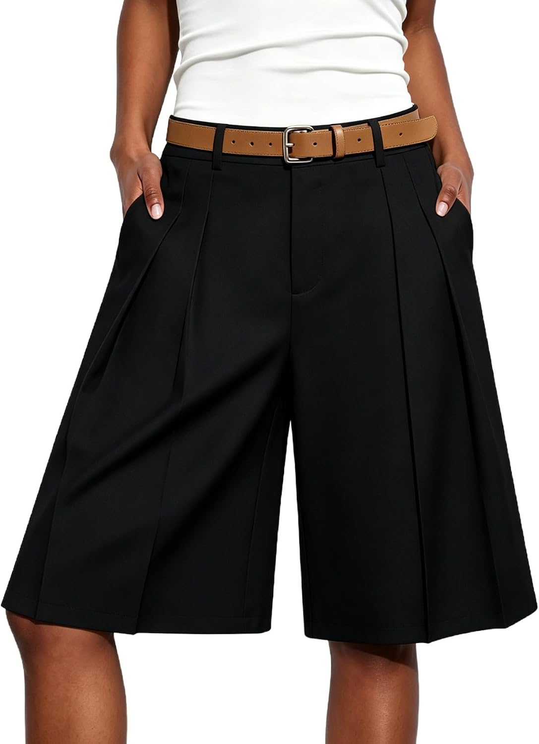 MakeMeChic Women's Bermuda Shorts Wide Leg High Waisted Pleated Shorts
