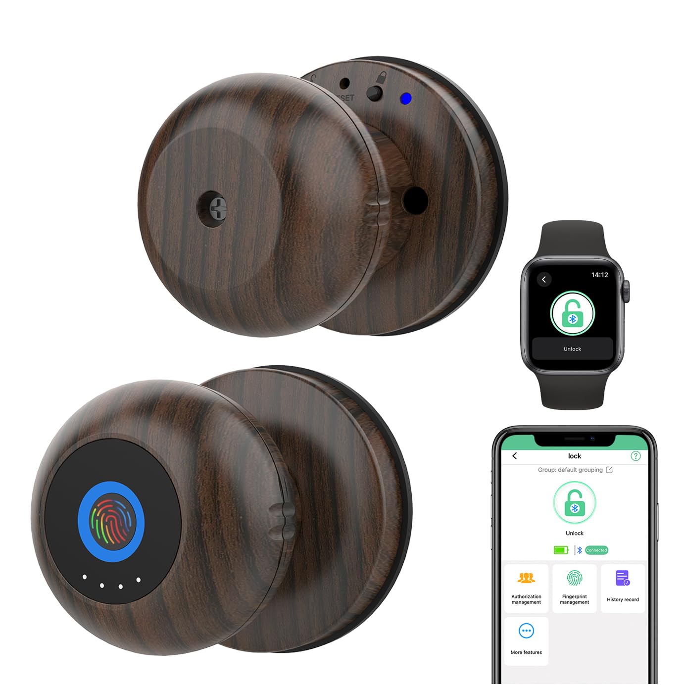 eLinkSmartFingerprint Door Knob Lock Keyless Entry Ball Door Lock Wood Grain Metal Fingerprint Ball Door Knob for Bedroom Apartment, eSmartLock App, Support Phone & iOS Watch