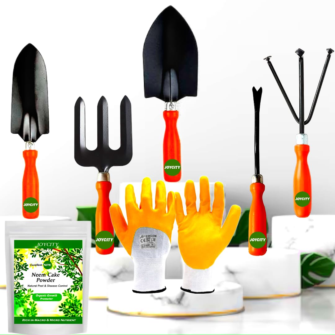 Joycity Gardening Tools Kit for Home Garden and 500 GMS Neem Cake Powder for Plants – 7Pcs | Cultivator, Big Trowel, Transplanter, Weeder, Fork, Gardening Gloves (B0CJ694ZJL) Amazon Price History, Amazon Price Tracker
