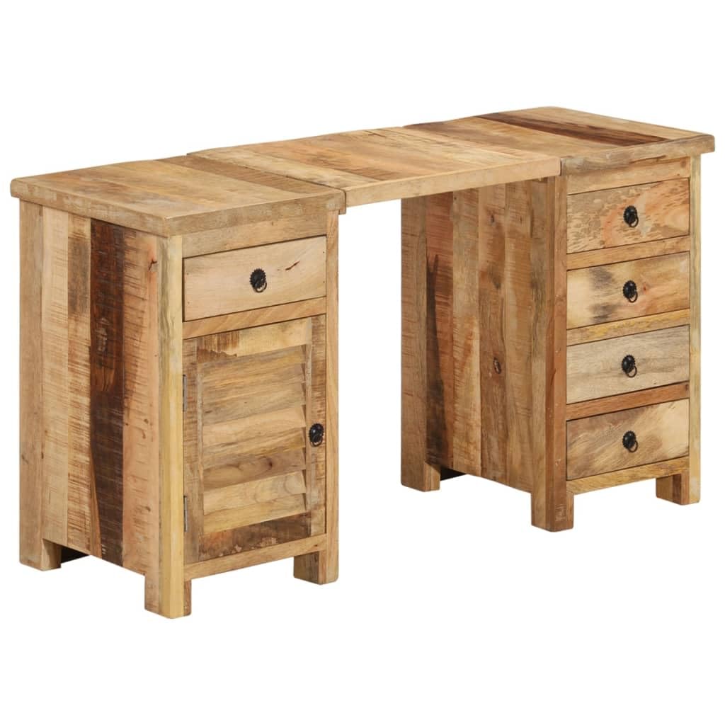 Schreibtisch Massivholz Mango Retro Bürotisch 140x50 cm | Flexibler Bürotisch mit 5 Schubladen und Schrank für Arbeitszimmer. Abnehmbare Platte bildet 2 Beistellschränke.