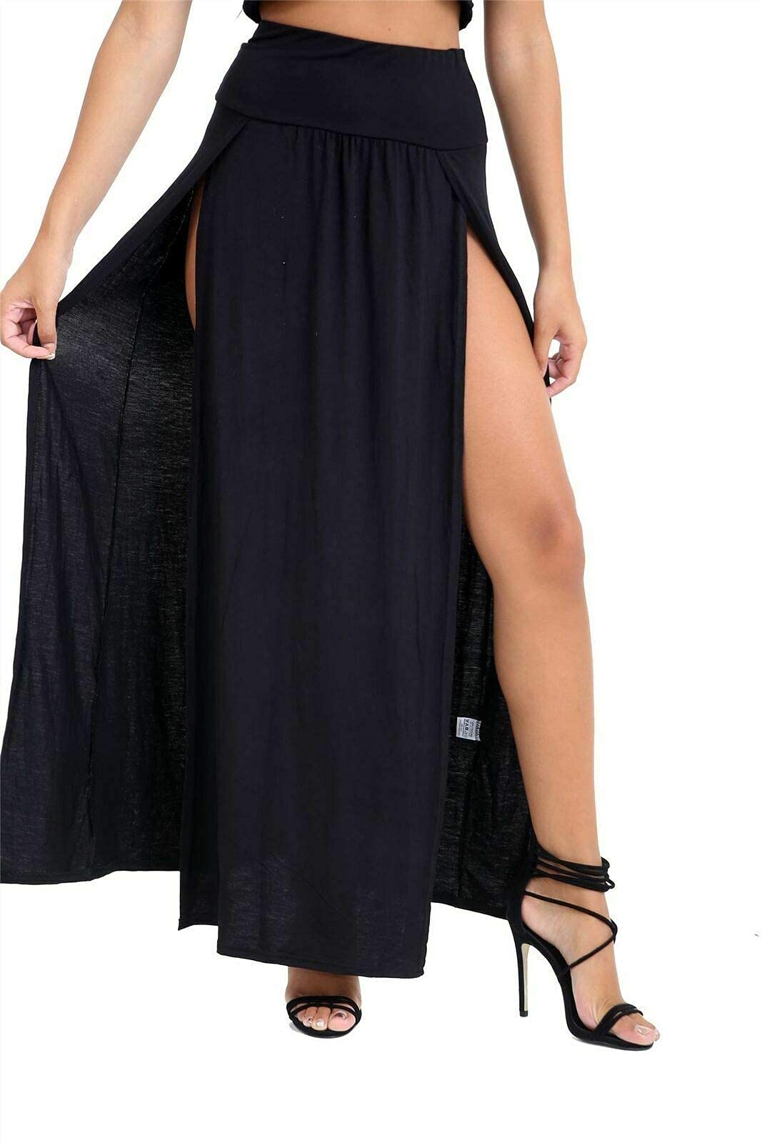 StyleWear Womens Double Split Long Maxi Skirt Ladies Plain High Waisted Side Slit Party Maxi Skirt (Black UK 8-10)