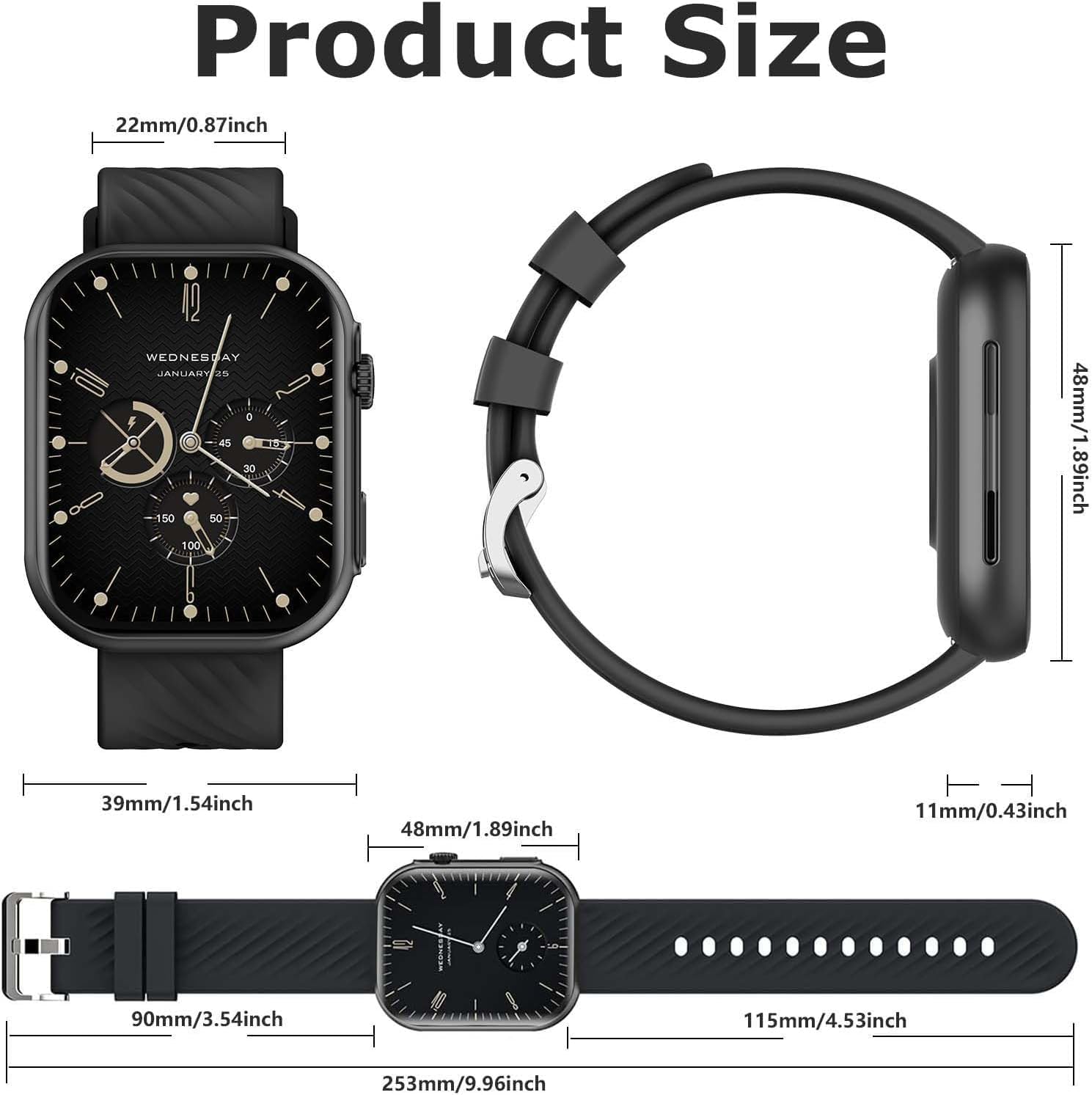Diagram showing the dimensions of the AVUMDA Smartwatch and its strap.