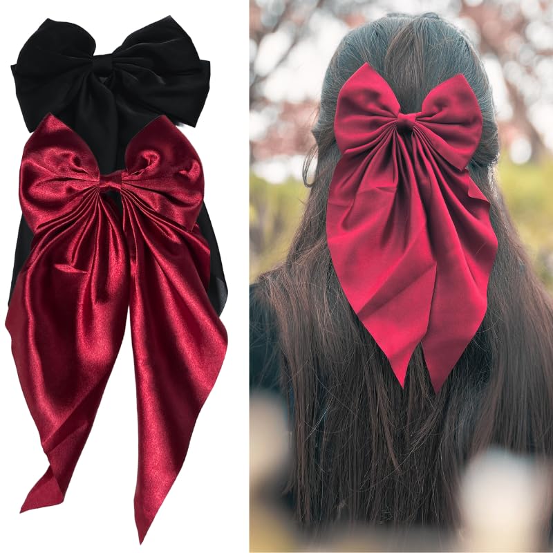 Image of 2 Pack Black and Red Hair Bows - Bow Clips for Women and Girls - Luxury Silky Satin Hair Accessories - Cute Clips for Girls
