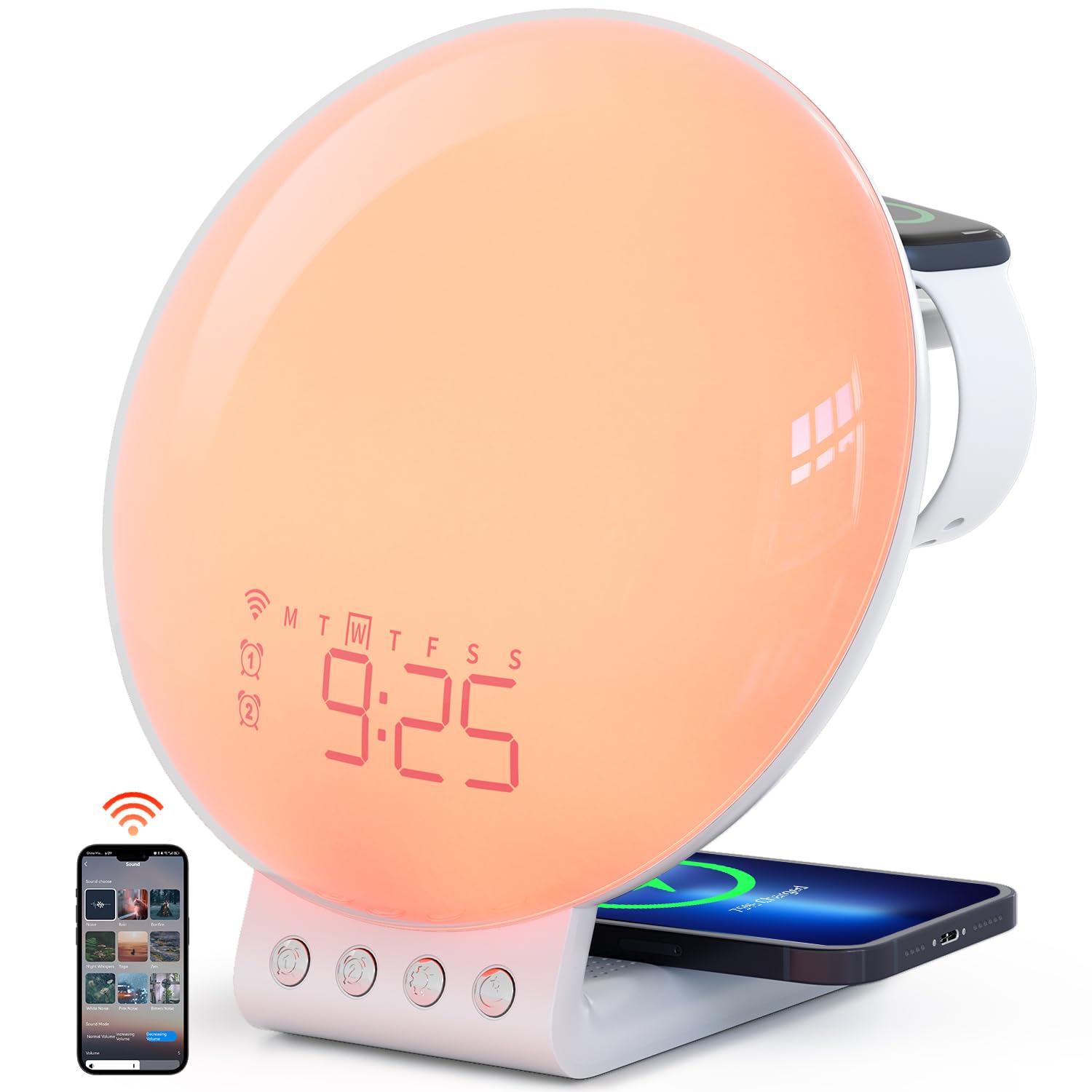 Dekala Smart Sunrise Alarm Clock with Wireless Charging for iPhone 14 13 12 Apple Watch AirPods Samsung, White Noise Sleep Sounds Machine, Nursery Night Light for Heavy Sleeper Kid Touch & App Control