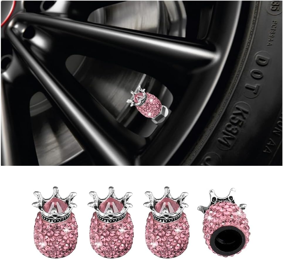 4PCS Bling Crown Car Valve Stem Caps, Crystal Rhinestone Attractive Dustproof Vehicle Wheel Air Stem Caps, Automotive Tire Valve Cover, Universal for SUV Automobile Truck (Pink)