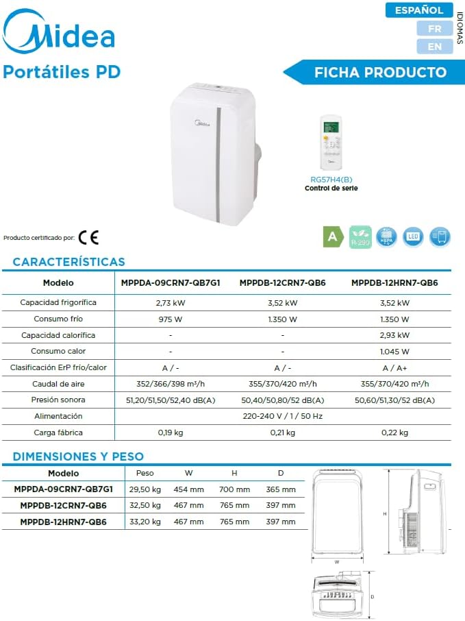 Product data sheet for Midea portable air conditioners, showing models MPPDA-09CRN7-QB7G1, MPPDB-12CRN7-QB6, and MPPDB-12HRN7-QB6 with detailed specifications like cooling capacity, heating capacity, power consumption, air flow, and noise level.
