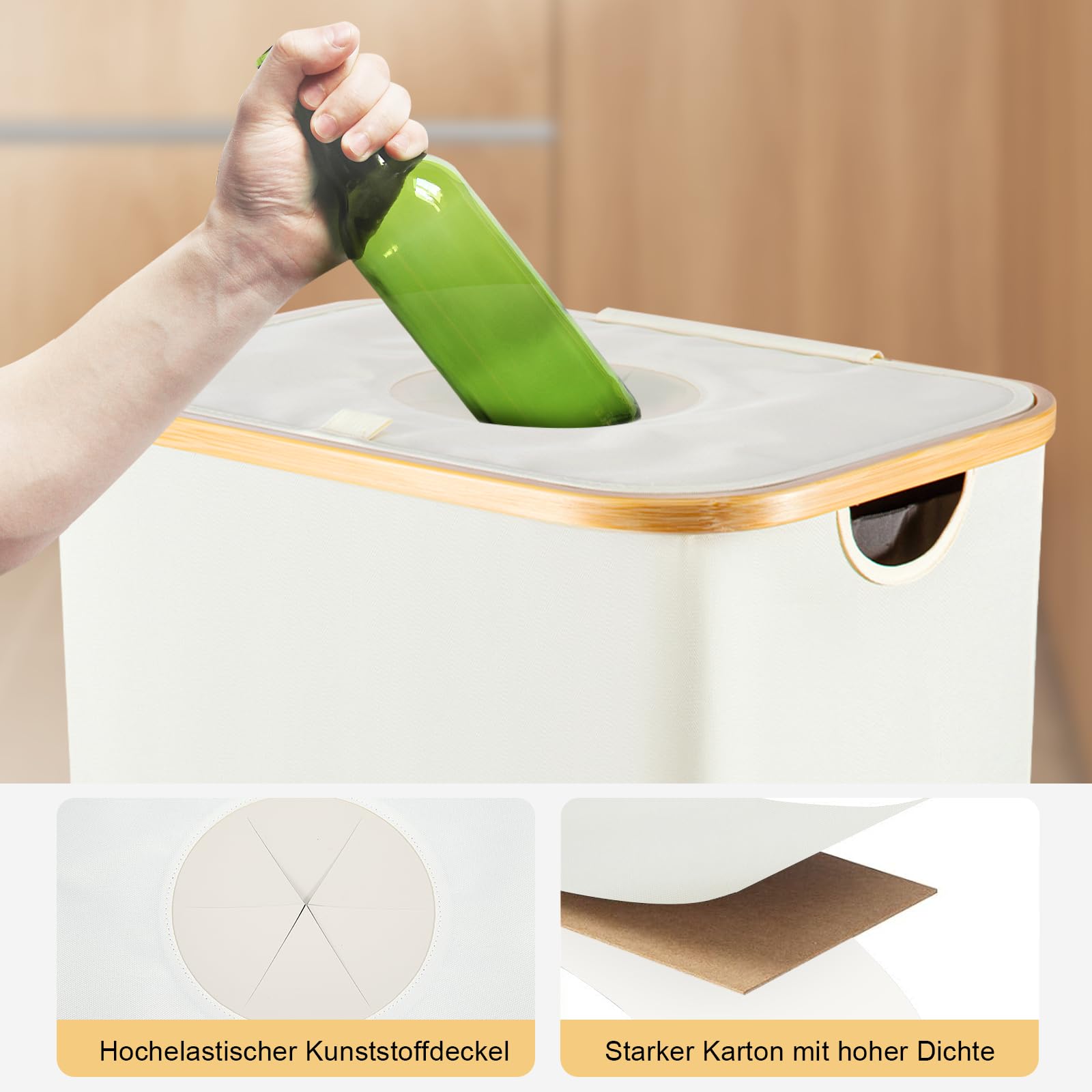 100L Pfandflaschen Sammelbehälter mit Deckel & Abnehmbarer | Innentasche, Faltbarer Leergutbehälter aus Wasserdichtem Oxford-Gewebe für Küche, Keller & Balkon (Beige)