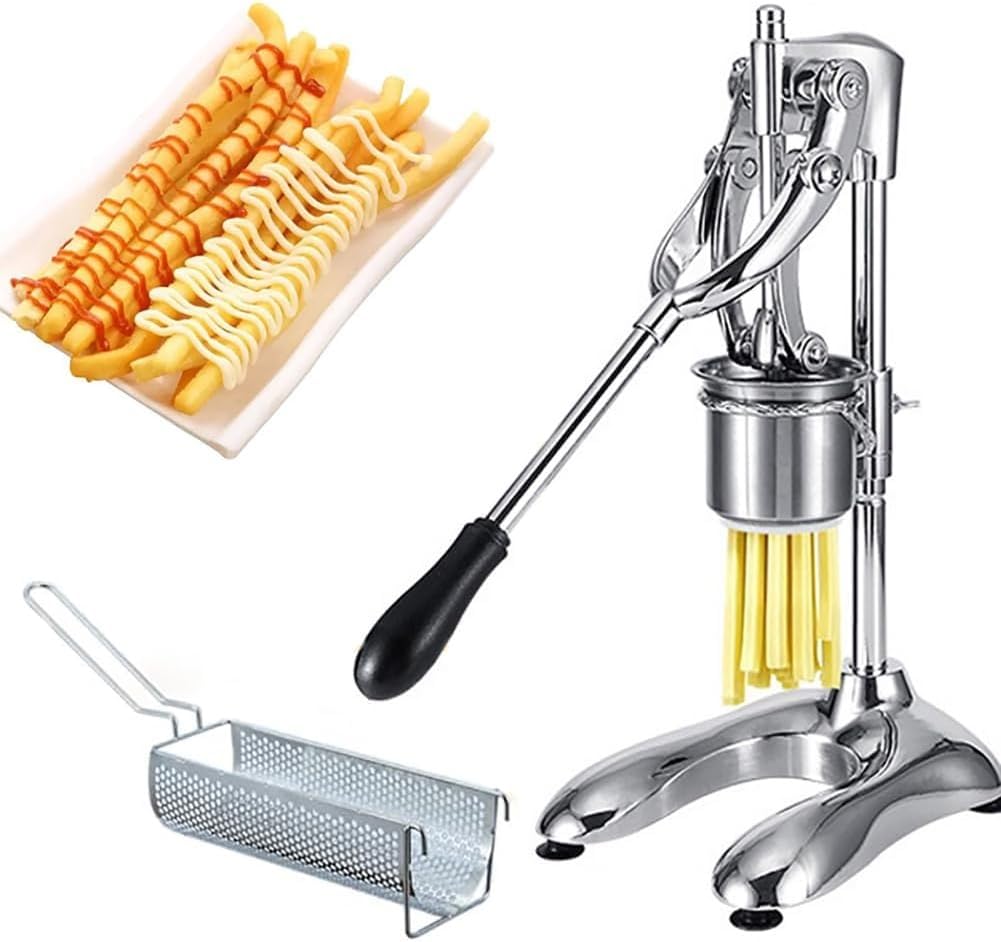 Machine à frites manuelle en acier inoxydable à 12 trous | Extrudeuse de longues lanières de pommes de terre avec presse et panier amovibles | Idéal pour un usage domestique et commercial (30 cm)