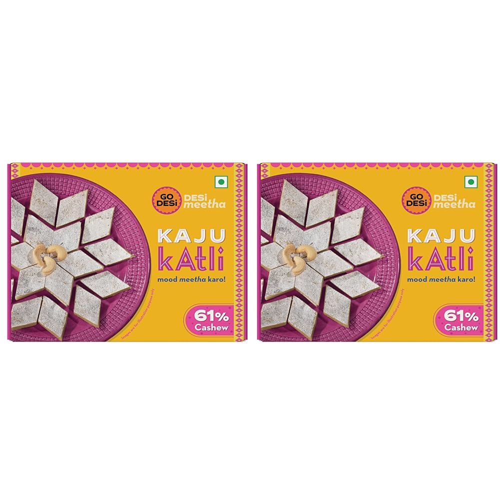 GO DESi Premium Kaju Katli 200 grams, 61% Cashews, Rakhi Gift for Sister and Brother, Indian Sweets Gift Pack, DESi Meetha, Sweets Indian Mithai, Cashew (Pack of 2)