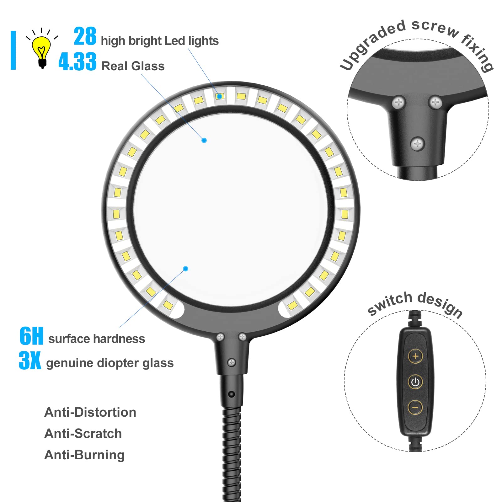 Lente d'ingrandimento con luce terza mano, saldatura, ingrandimento 3x, aiutando le mani, luce diurna, lampada d'ingrandimento con 28 LED dimmerabili, carico pesante, 4 bracci flessibili di