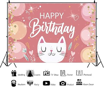 Cartoon Happy Cat Birthday Banner 5x3Ft