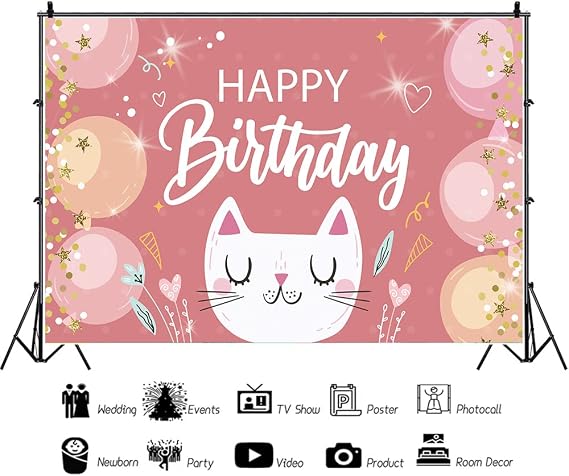 Cartoon Happy Cat Birthday Banner 5x3Ft