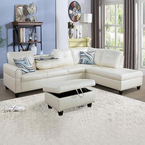 layfitty 97â€™â€™ Faux Leather Sofa Set for Living Room,L-Shaped White Couch,Sectional Sofa with Storage Ottoman,The Stylish 6-seat Couch with Cupholders,Modular Chaise for Home,Apartment,Office