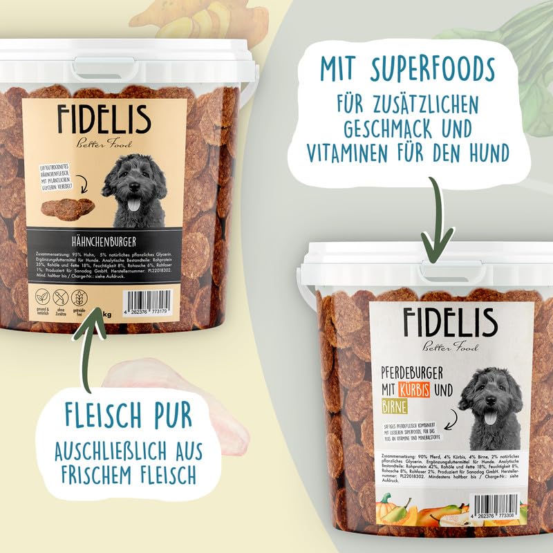 Fidelis – Entenburger für Hunde im wiederverschließbarem 1kg-Eimer - Luftgetrocknete Hunde Leckerlis aus 100% natürlichen Rohstoffen