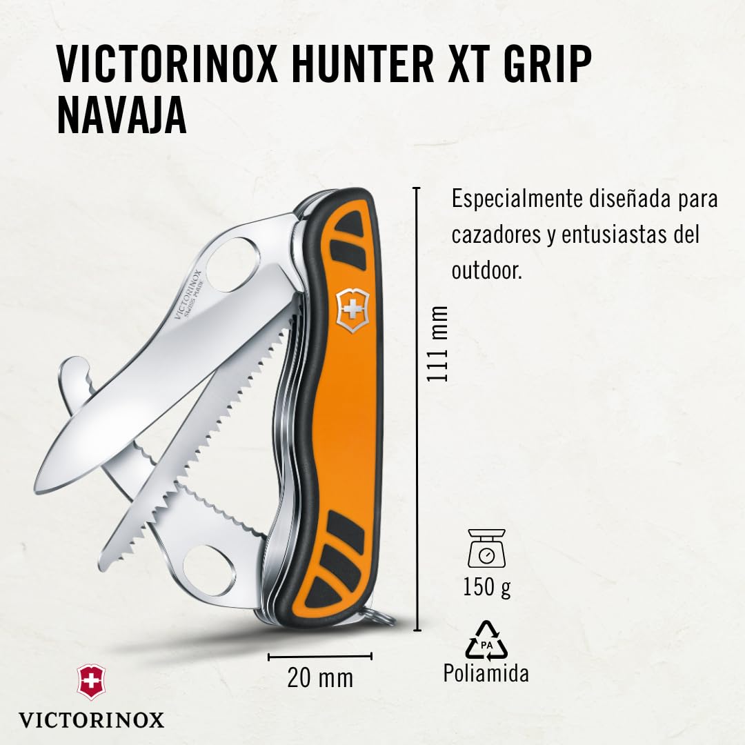 Victorinox Navaja suiza de bolsillo Hunter XT Grip cuchillo de caza plegable, 6 funciones incl. sierra para madera, hoja bloqueable con una mano, naranja/negro