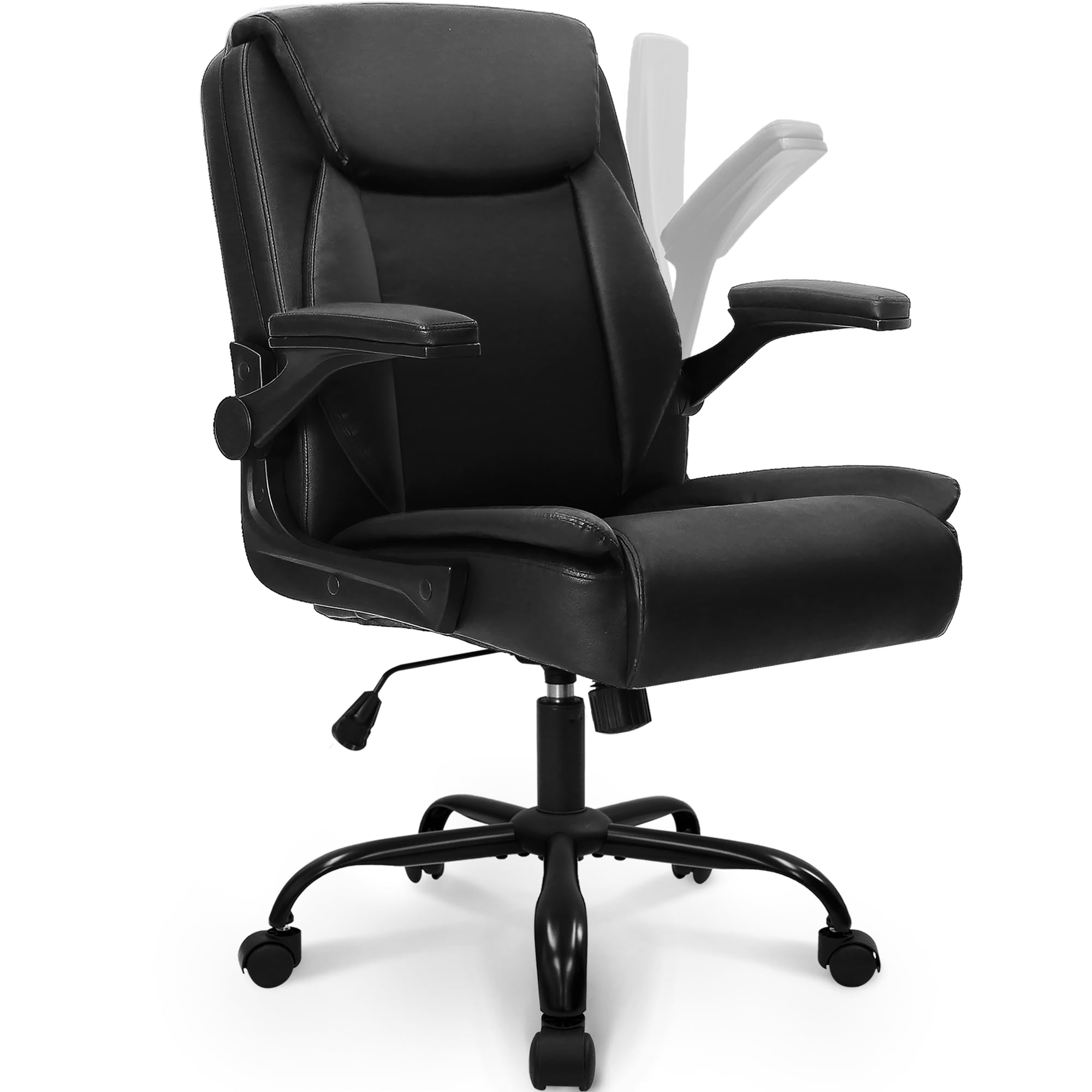 NEO CHAIR Office Desk Computer Chair Ergonomic Executive Mid-Back Leather Gaming Chair with Adjustable Flip-Up Armrests Wheels Swivel for Home Study Task (Jet Black)