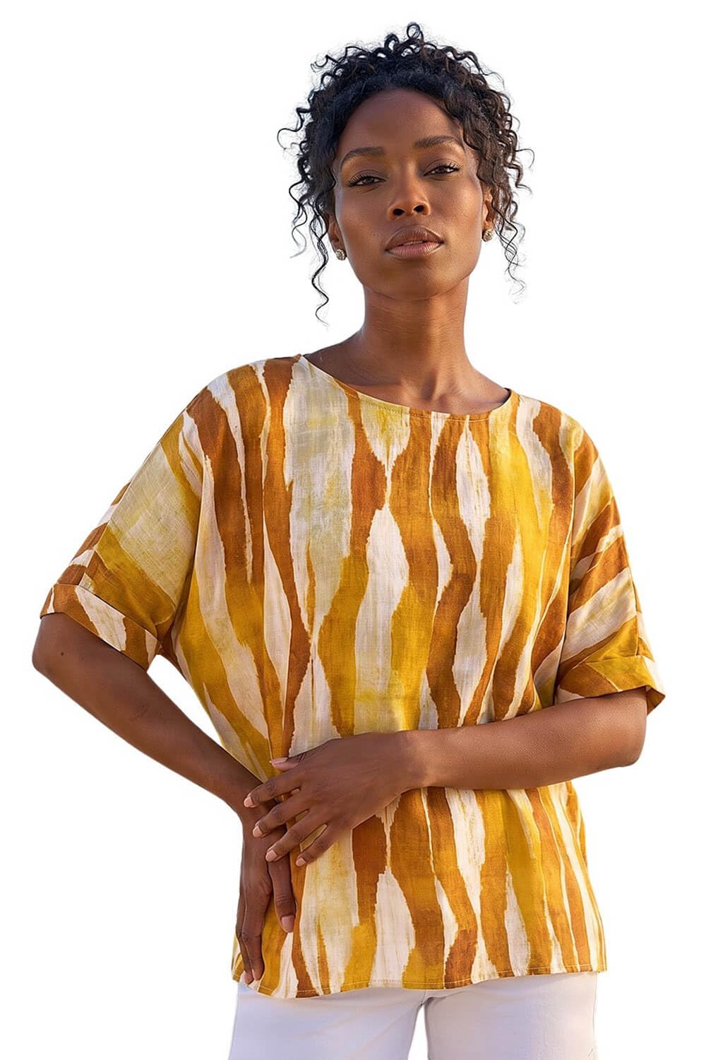 Roman Women's Orange Abstract Print Buttoned Tunic Top Size 18