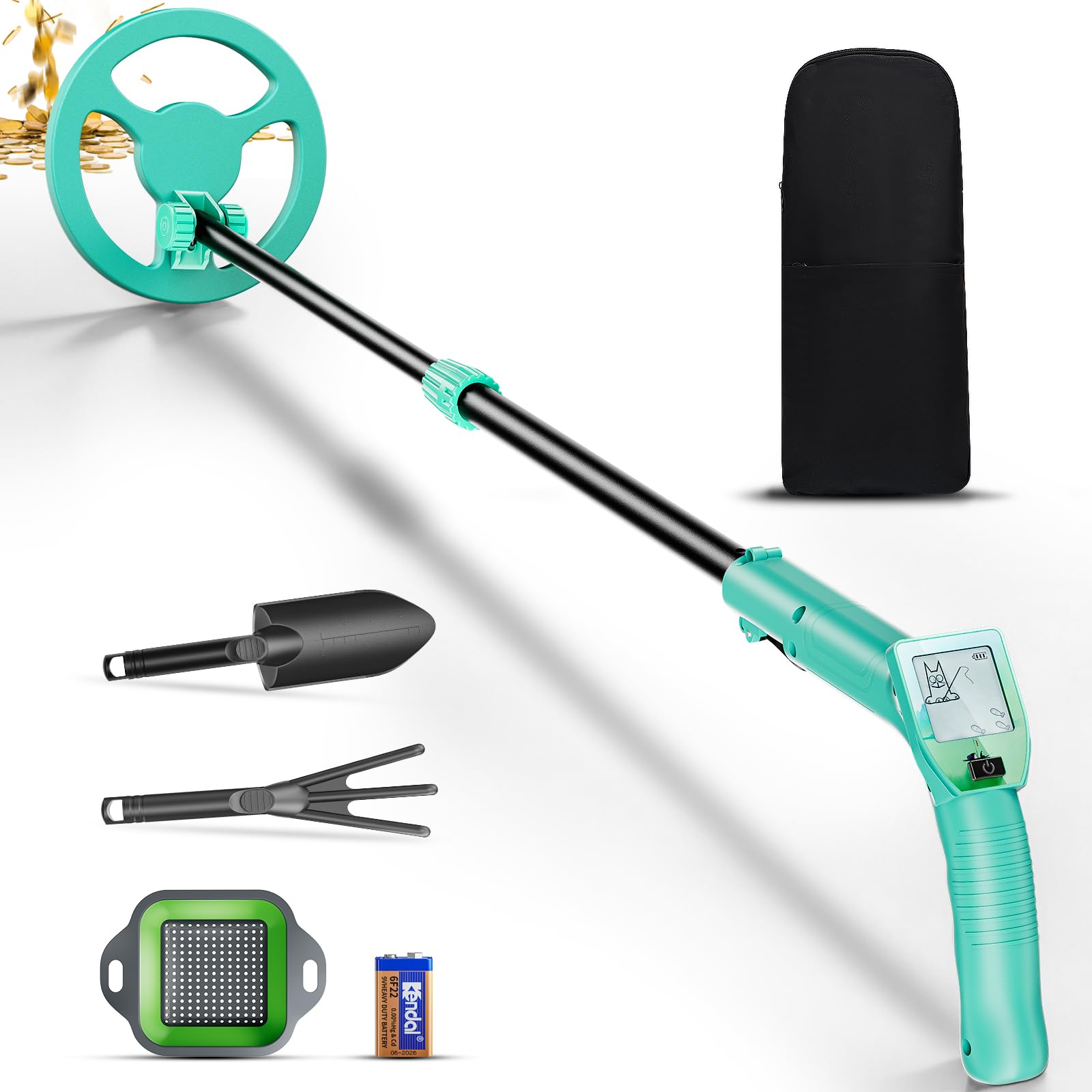 Detector de Metales para Niños, Longitud Ajustable (66-83cm), Detector de Metales para Niños con Pantalla LCD, Pala, Rastrillo, Mochila, Adecuado para Detectar Monedas