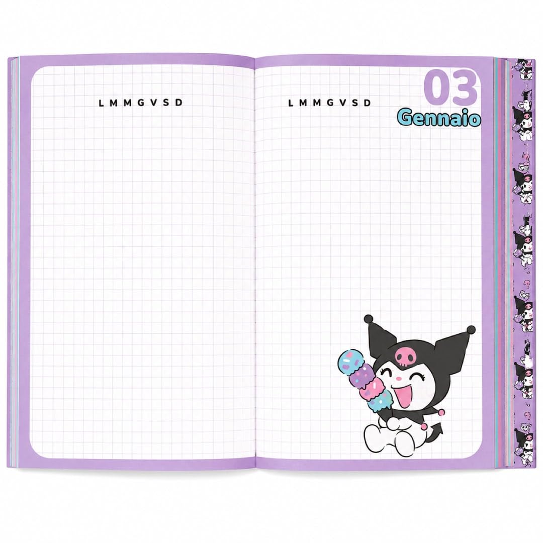 PRESTIGE & DELUXE Zaino Tondo 3 scomparti Kuromi per la scuola primari Bambine + Astuccio 3 piani + diario + Kit penne e portachiave paillettes