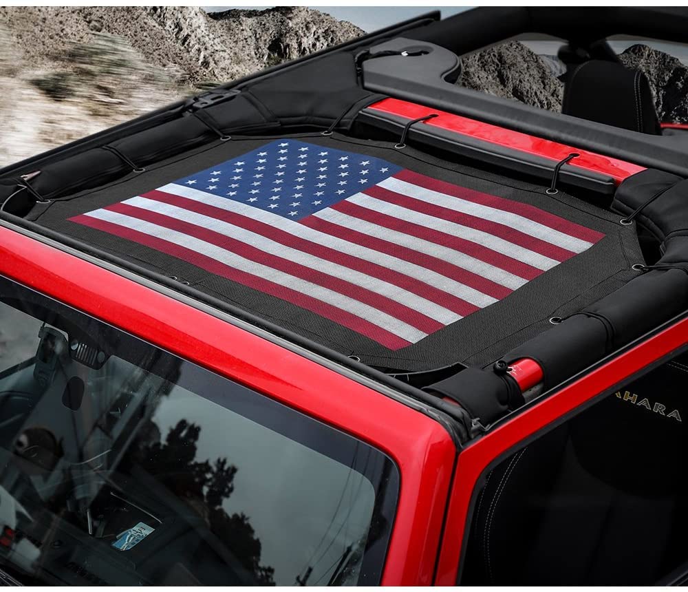 Sonnenschutz Mesh Shade Top Cover Polyester Strapazierfähiger Sonnenschutz für Jeep Wrangler 2007–2017 JK JKU 2-Türer, schwarz rot US-Flagge